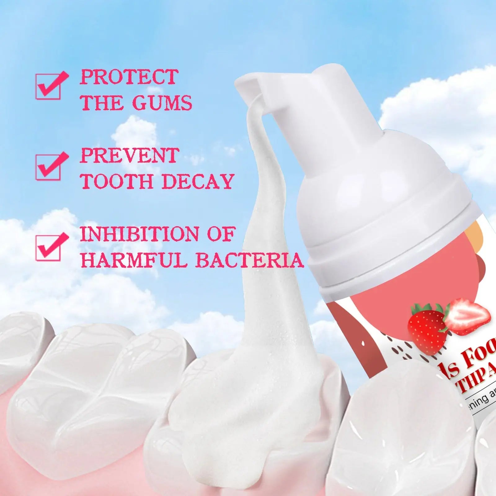 White foaming kids toothpaste dispenser with strawberry label for cavity protection blueberry flavor 60ml