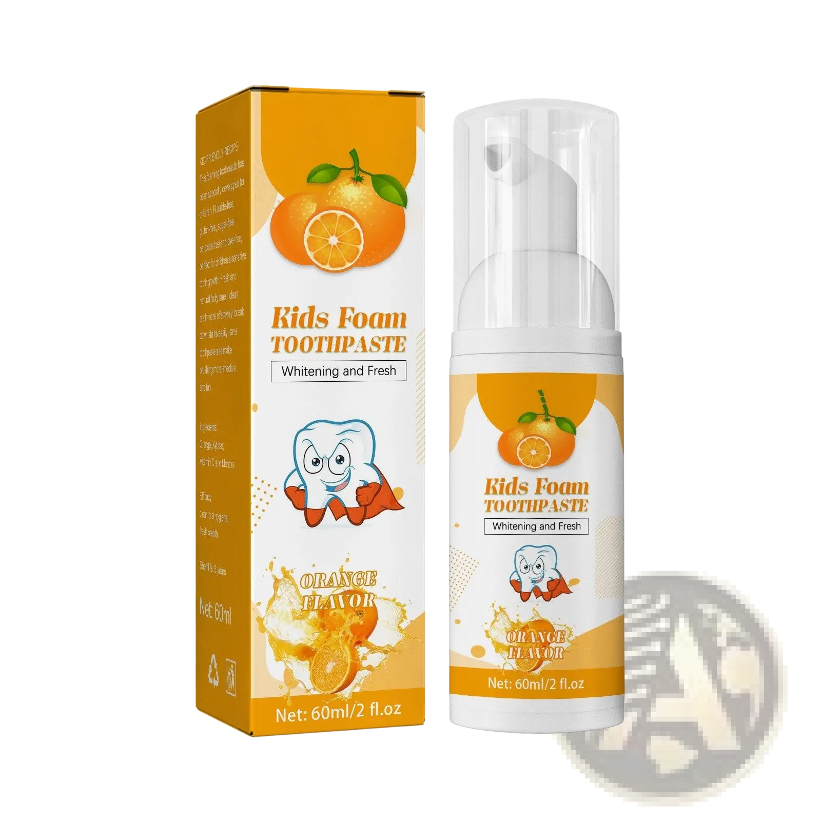 Orange-flavored kids foam toothpaste in a white pump bottle with orange and white box featuring cartoon teeth for cavity protection
