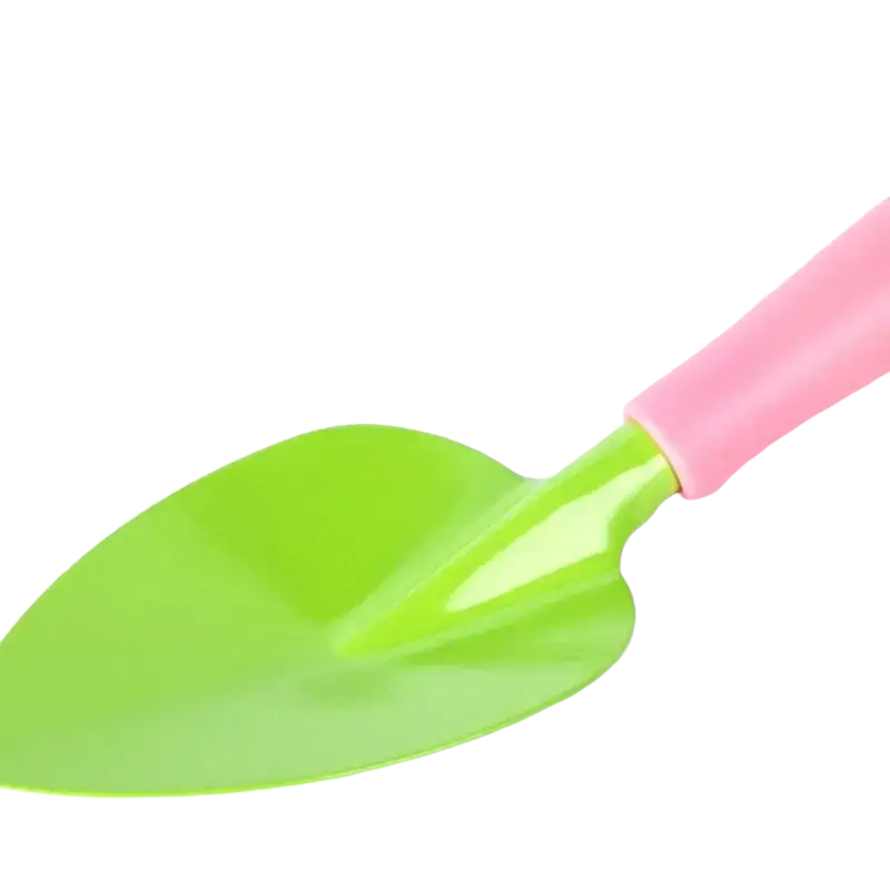 Bright green plastic garden trowel with pink handle and rounded corners in kids gardening set with tools