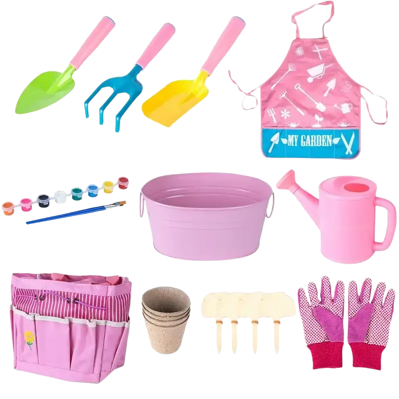 Pink kids gardening apron with white tool illustrations and blue my garden banner in kids gardening set with tools