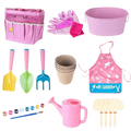 Pink plastic watering can with handle and spout from kids gardening set with gardening tools for children