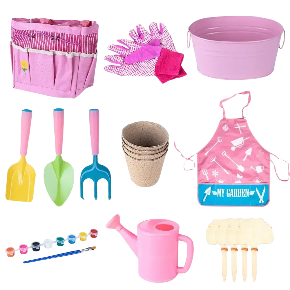 Pink plastic watering can with handle and spout from kids gardening set with gardening tools for children