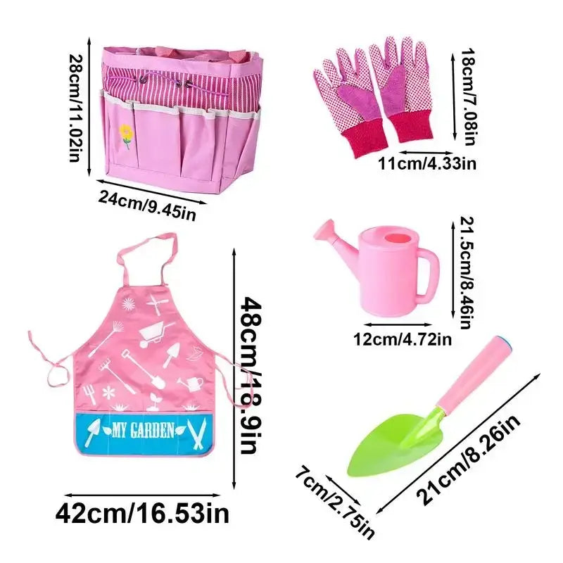 Pink kids gardening set with tools including apron gloves watering can and trowel for children’s gardening activities
