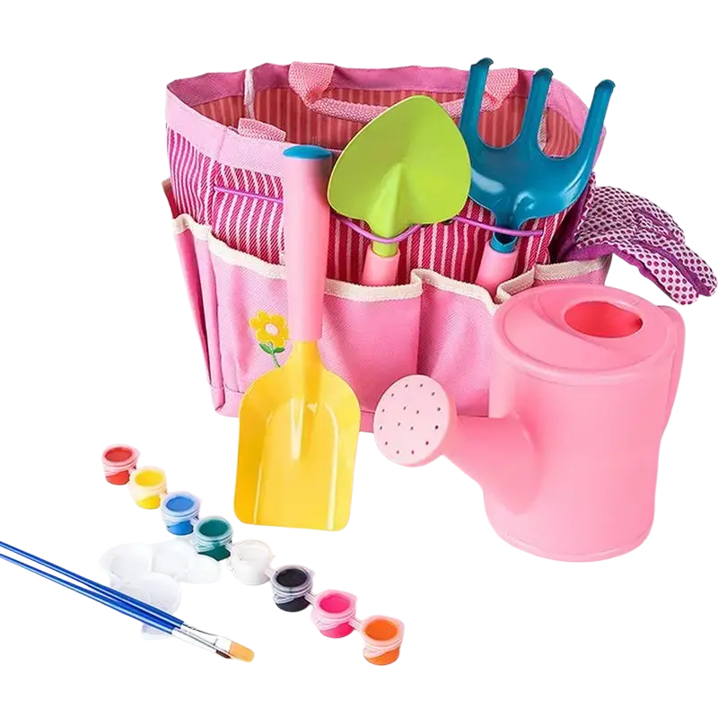 Kids gardening set with pink plastic gardening tools and colorful shovel rake watering can in striped fabric tote