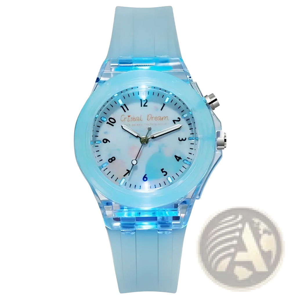 A kids glowing LED silicone sports watch in translucent light blue with a glowing face and matching strap