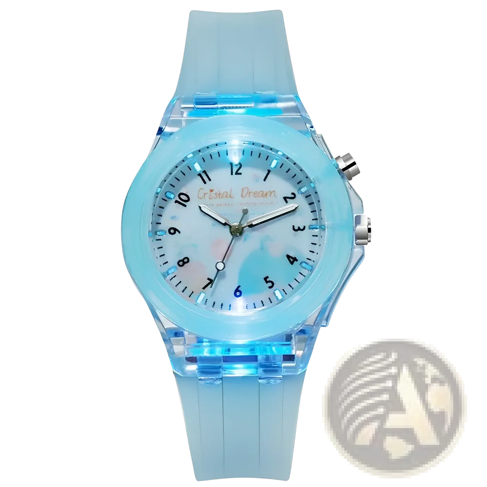 A kids glowing LED silicone sports watch in translucent light blue with a glowing face and matching strap