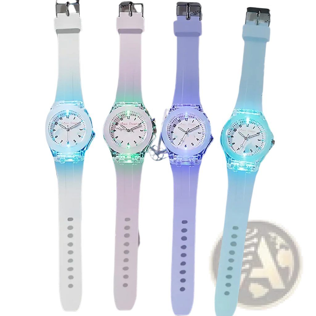 Kids glowing led silicone sports watch with translucent white pink purple and light blue straps shown glowing