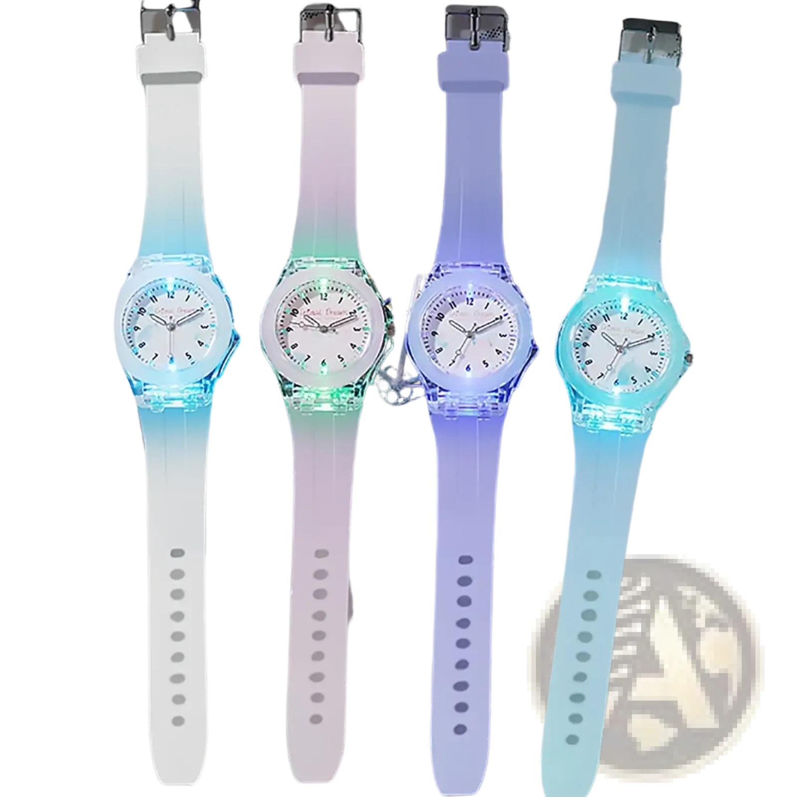 Kids glowing led silicone sports watch with translucent white pink purple and light blue straps shown glowing
