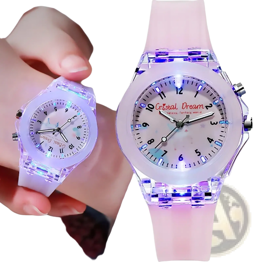 Kids glowing led silicone sports watch with pink strap and translucent blue led-lit crystal dream dial and case
