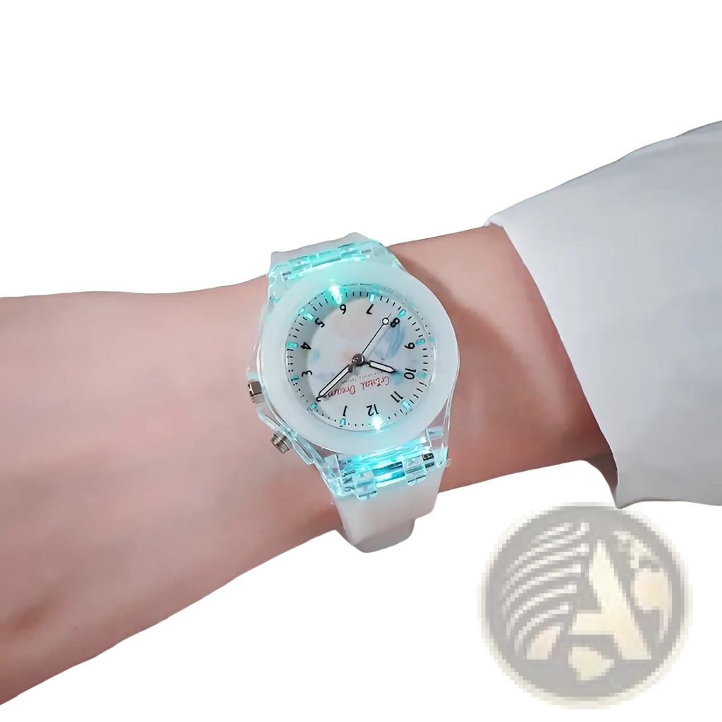Kids glowing led silicone sports watch with translucent light blue case white dial and black numerals