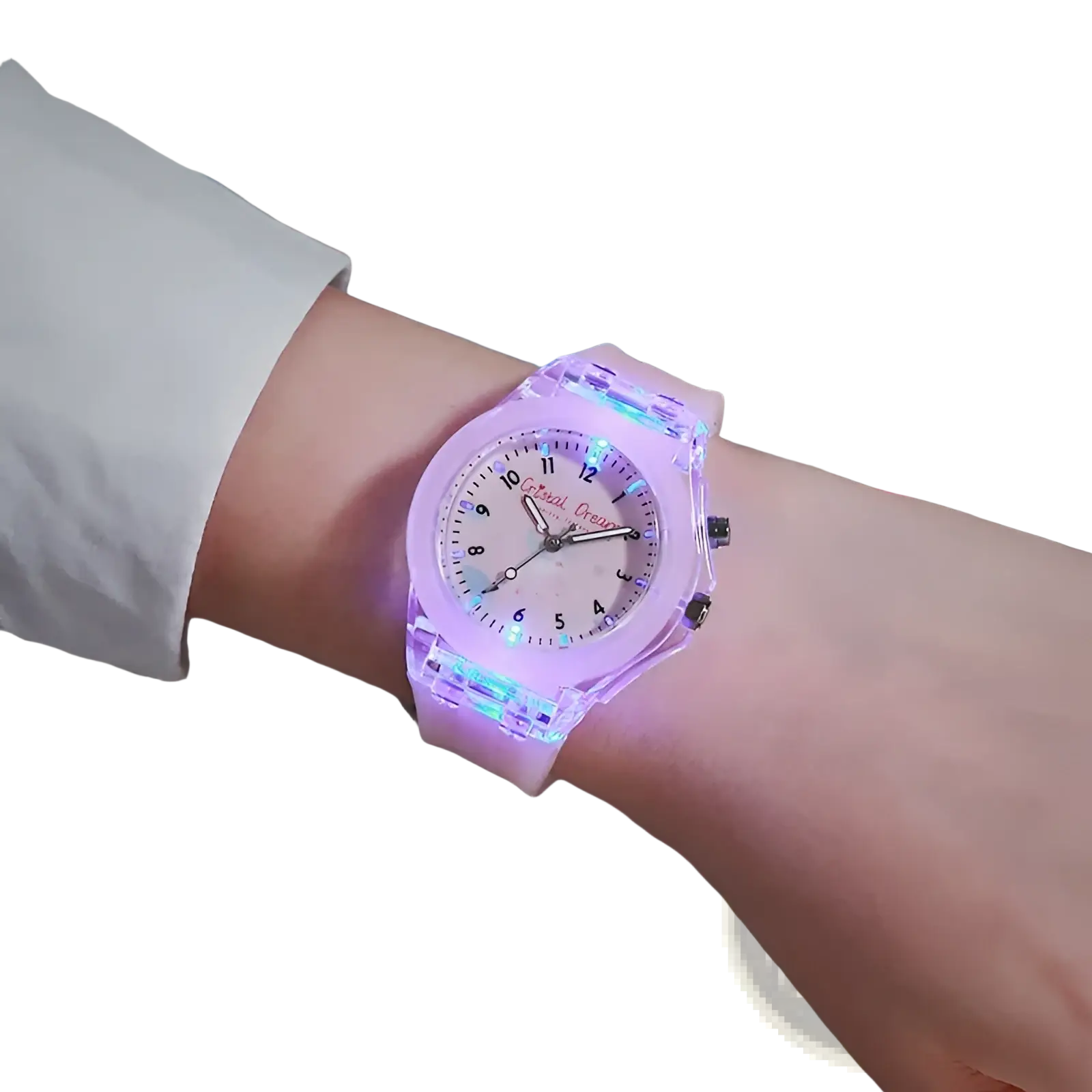 Kids glowing led silicone sports watch with translucent pink band and glowing blue light around white face with black numerals
