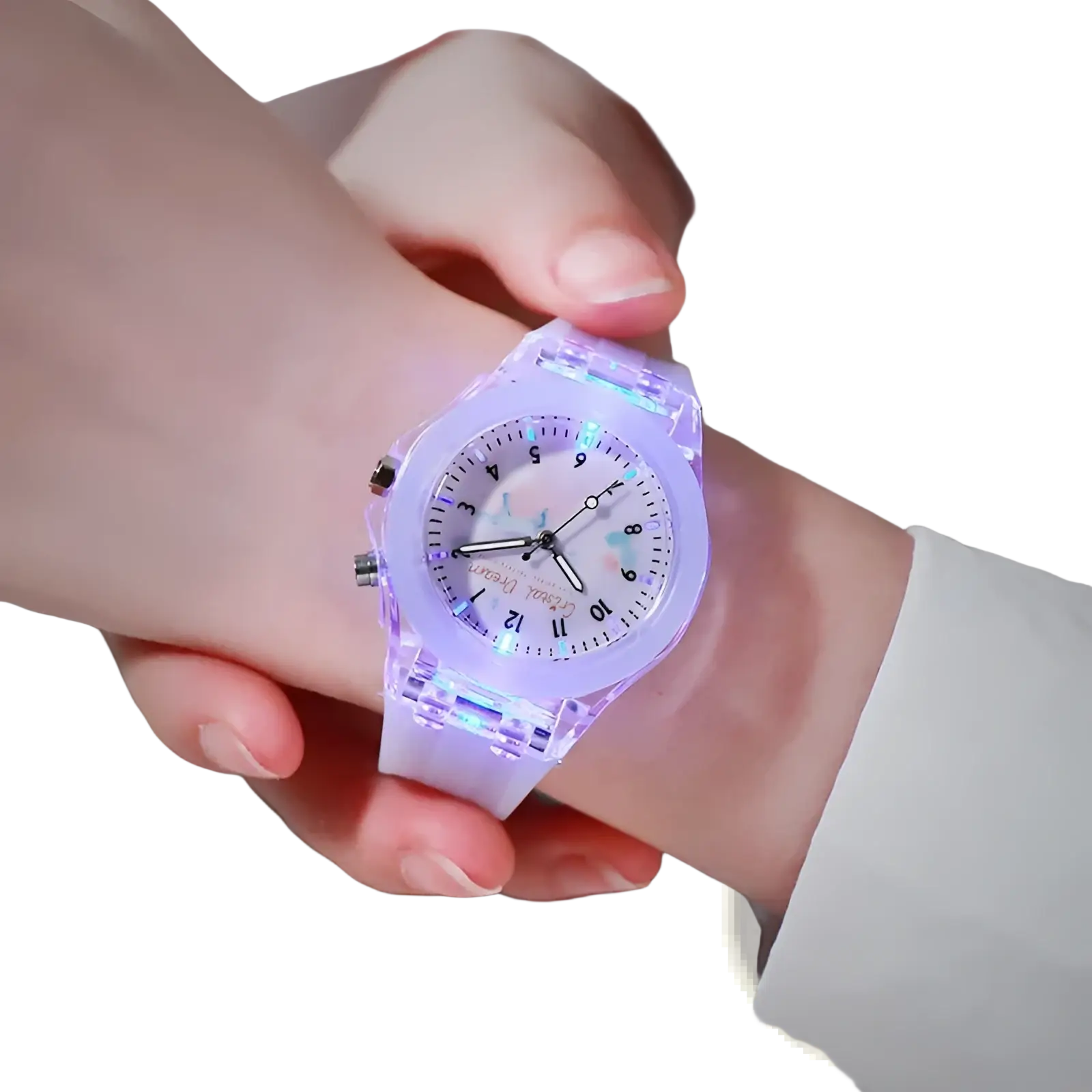 Kids glowing led silicone sports watch with translucent purple led face and clear plastic band designed for active use