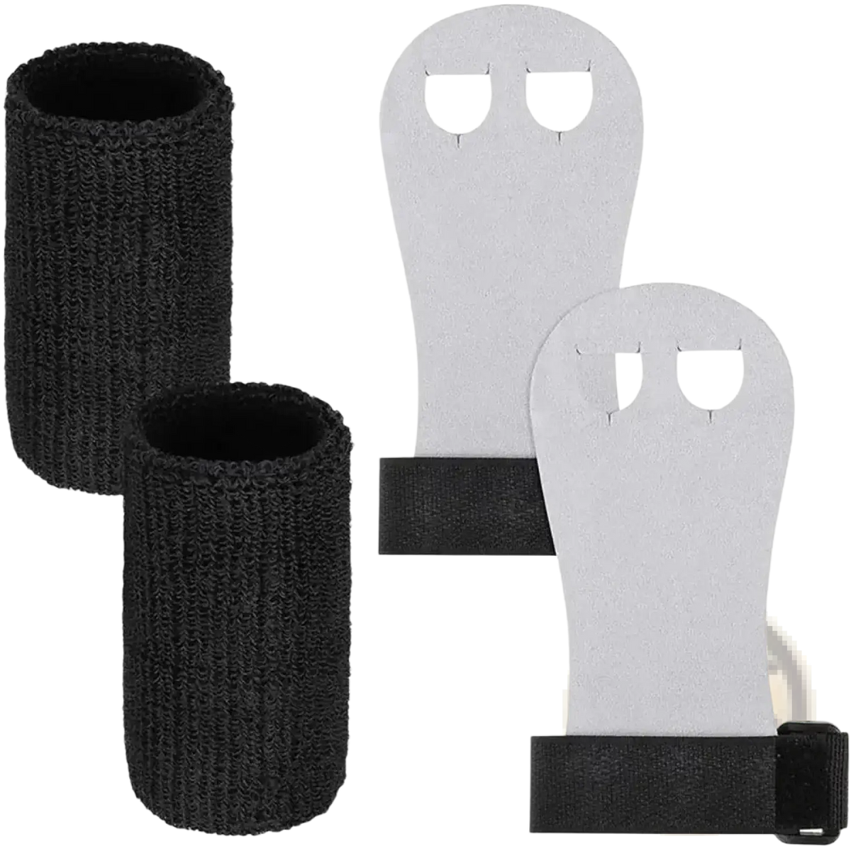 Kids gymnastics grips and wristbands set featuring black knitted wrist wraps and white grip aids with black velcro straps