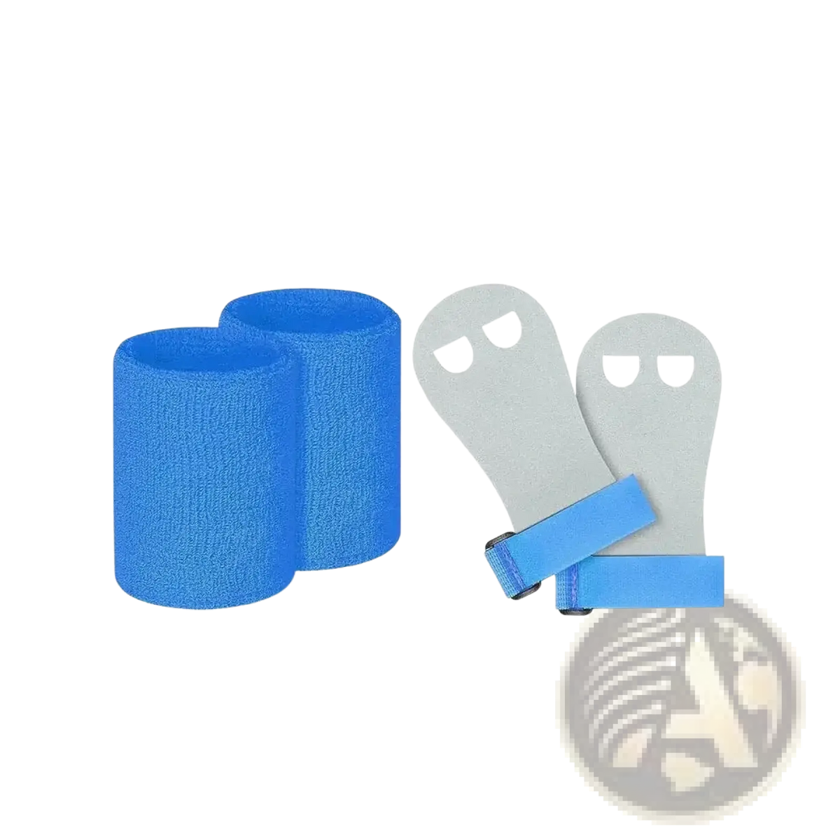 Kids gymnastics grips and wristbands set featuring blue textured grip sleeves and gray hand grips with blue straps