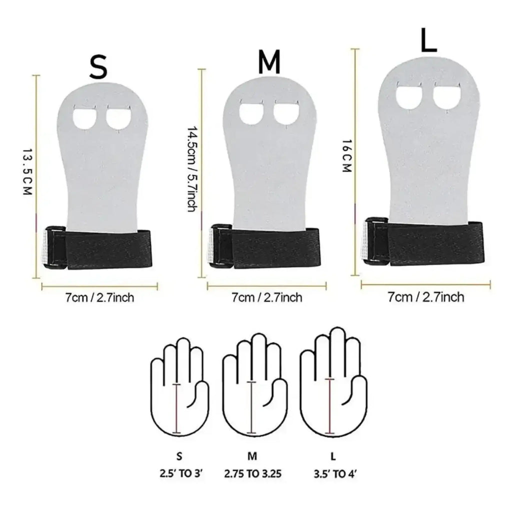 Gray kids gymnastics grips and wristbands set with black adjustable straps in small medium and large sizes visible from back side
