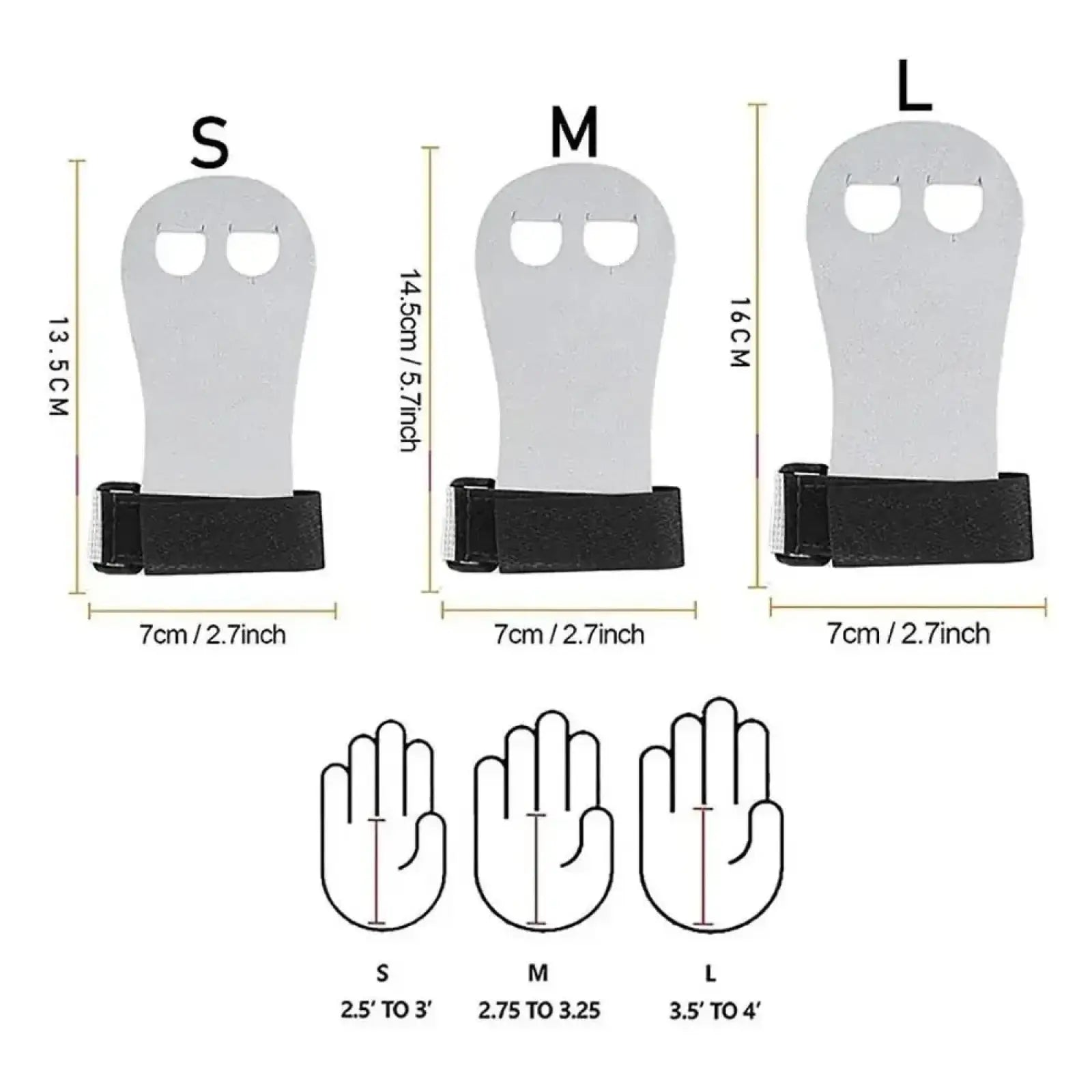 Gray kids gymnastics grips and wristbands set with black adjustable straps in small medium and large sizes visible from back side