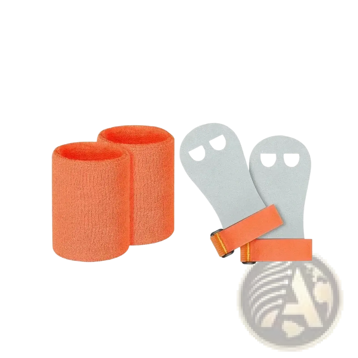 Kids gymnastics grips and wristbands set featuring orange textured wristbands and gray grip handles with orange straps
