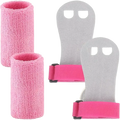 Kids gymnastics grips and wristbands set with pink textured wristbands and gray grip handles with pink straps