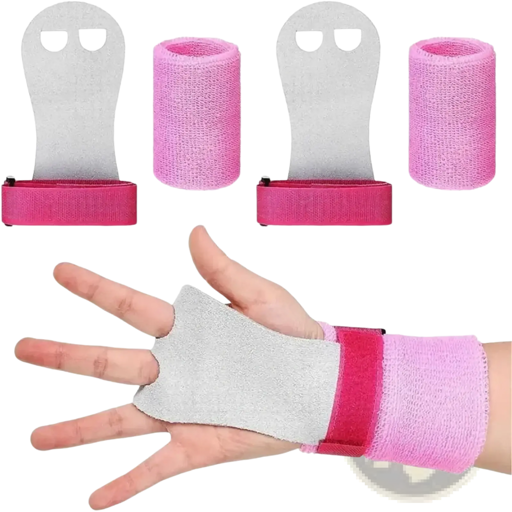 Pink and silver kids gymnastics grips and wristbands set with textured grip surface and adjustable secure strap back view