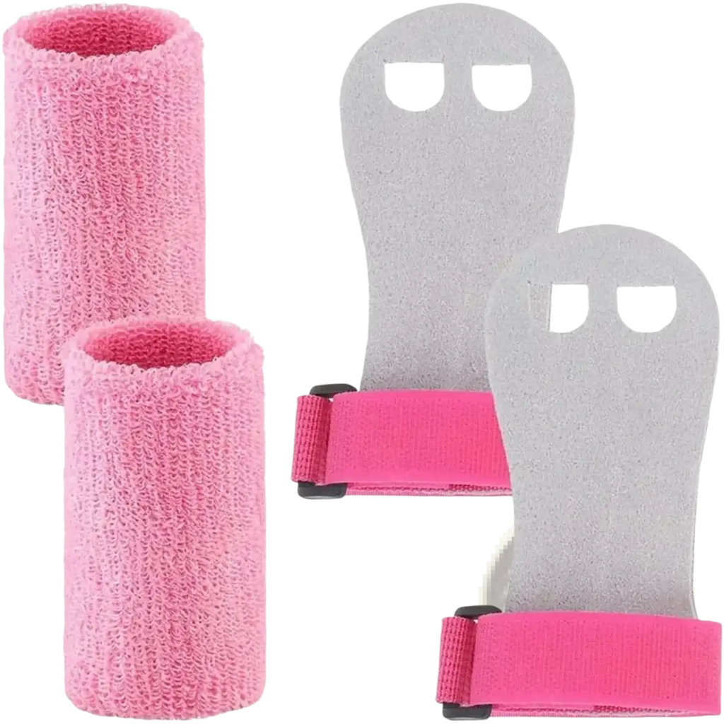 Pink textured wristbands and gray grip handles with pink straps in kids gymnastics grips and wristbands set