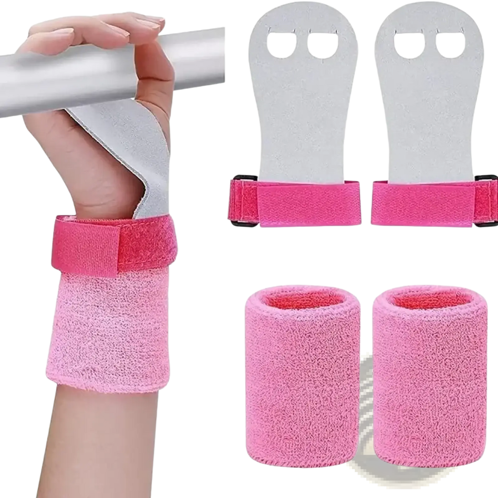 Kids gymnastics grips and wristbands set with pink textured grip sleeves silver metal handholds and adjustable velcro straps