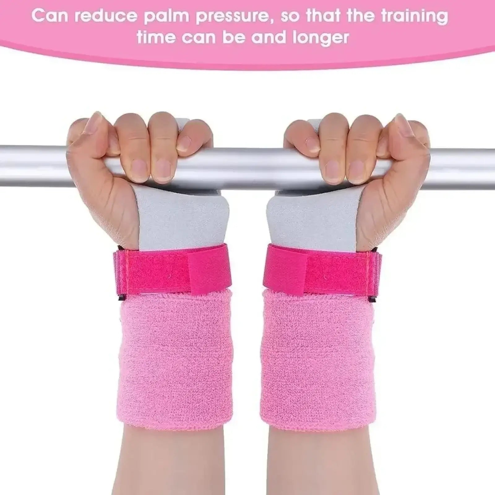 Kids gymnastics grips and wristbands set featuring pink textured wrist wraps with bright pink velcro straps to reduce palm pressure