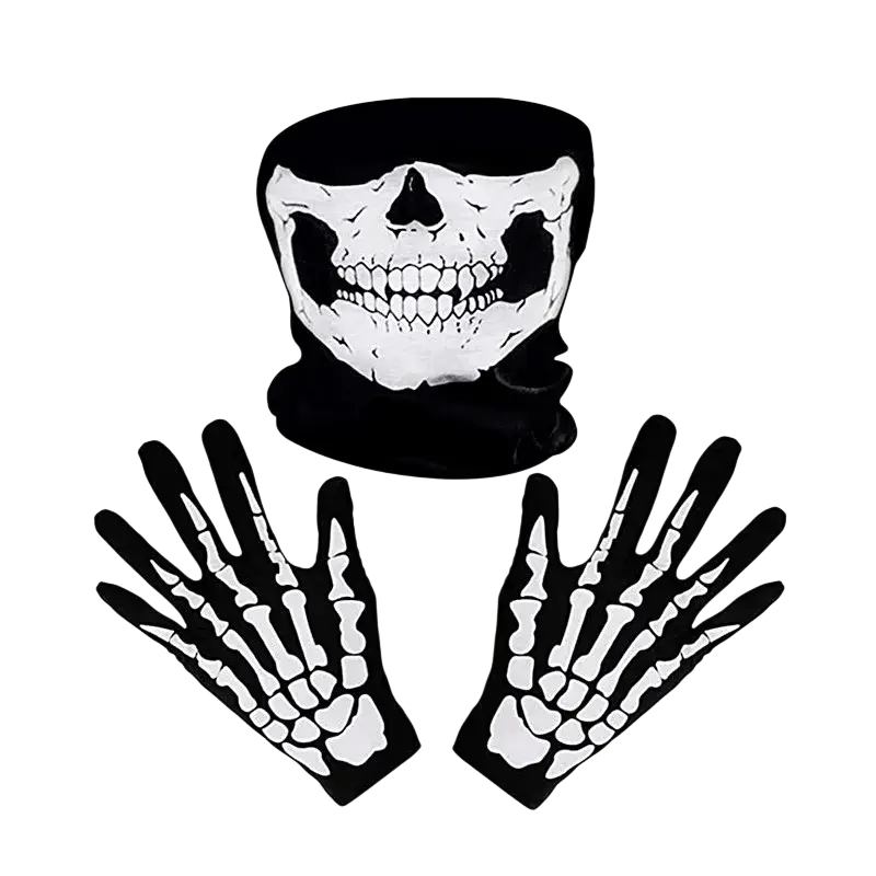 Black skull-themed neck gaiter and matching skeleton hand gloves set for kids hooded skeleton halloween costume