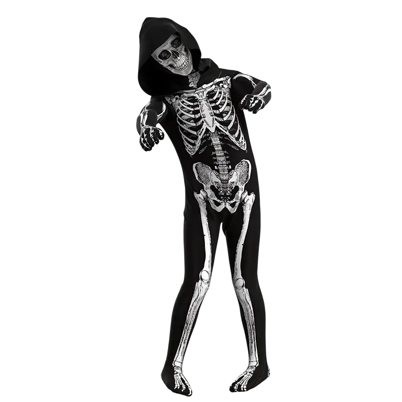 Kids hooded skeleton halloween costume black with white skeletal print and hood shown from the back side