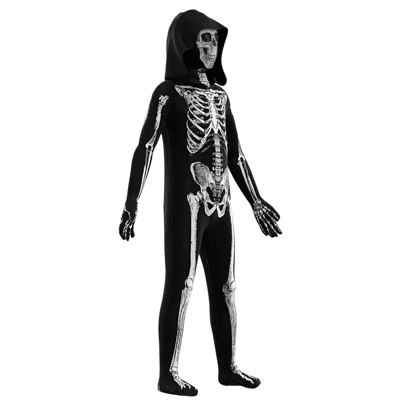 Kids hooded skeleton halloween costume in black fabric with detailed white skeletal print and attached hood