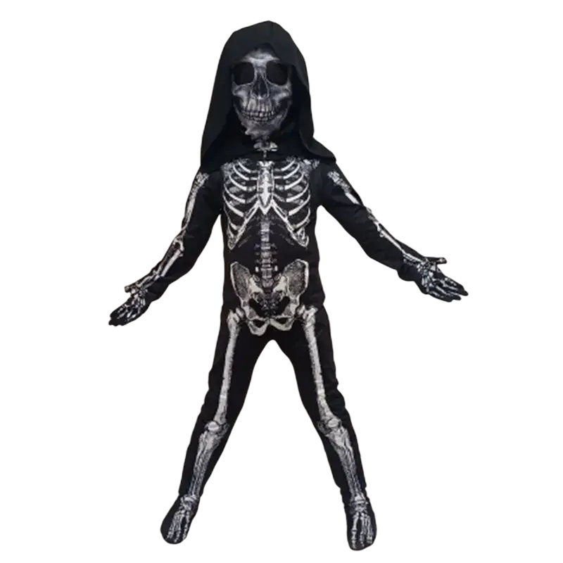 Kids hooded skeleton halloween costume in black fabric with white skeletal print and hood for children