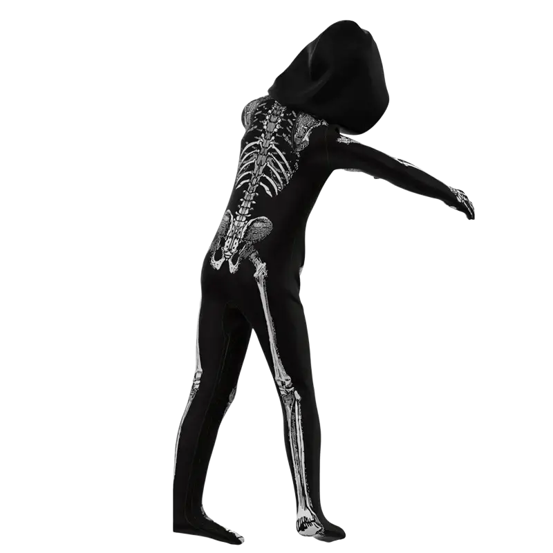 Kids hooded skeleton Halloween costume featuring a black full-body suit with white skeletal print and a hood