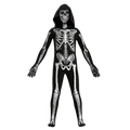 Kids hooded skeleton halloween costume in black fabric with white skeletal print and attached hood shown from the back