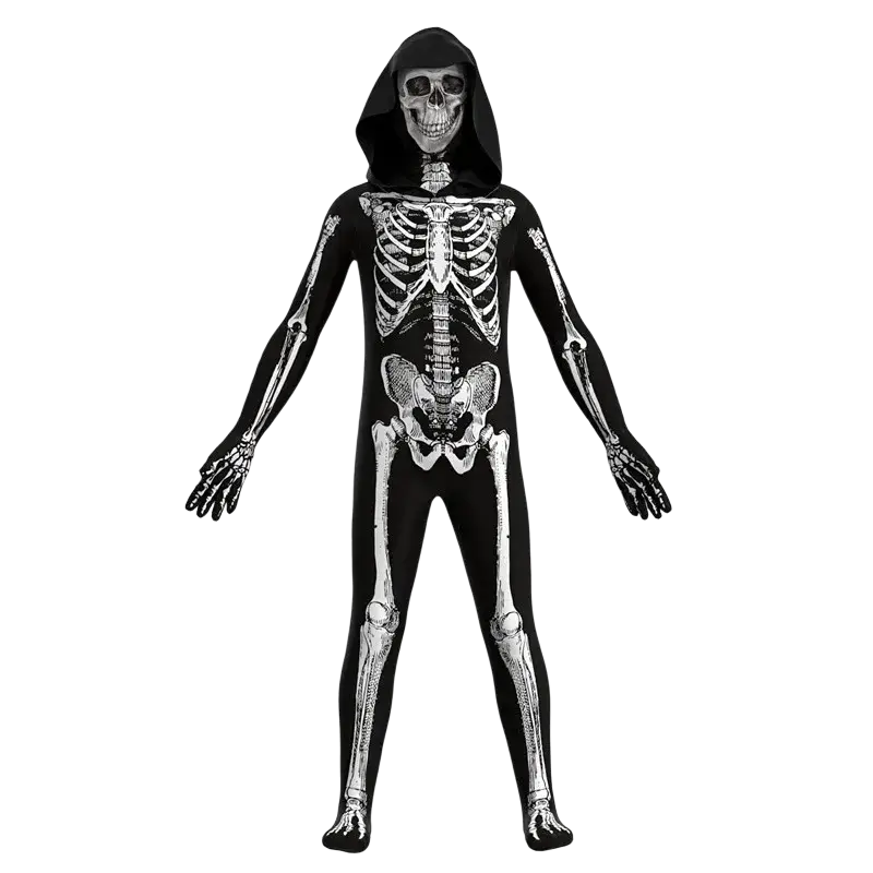 Kids hooded skeleton halloween costume in black fabric with white skeletal print and attached hood shown from the back