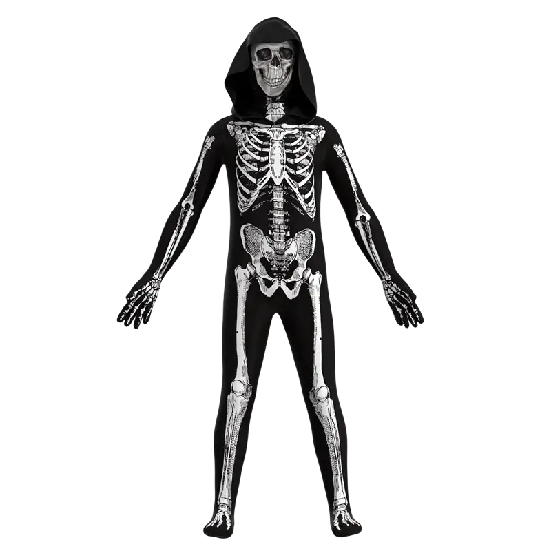 Kids hooded skeleton halloween costume in black fabric with white skeletal print and attached hood shown from back