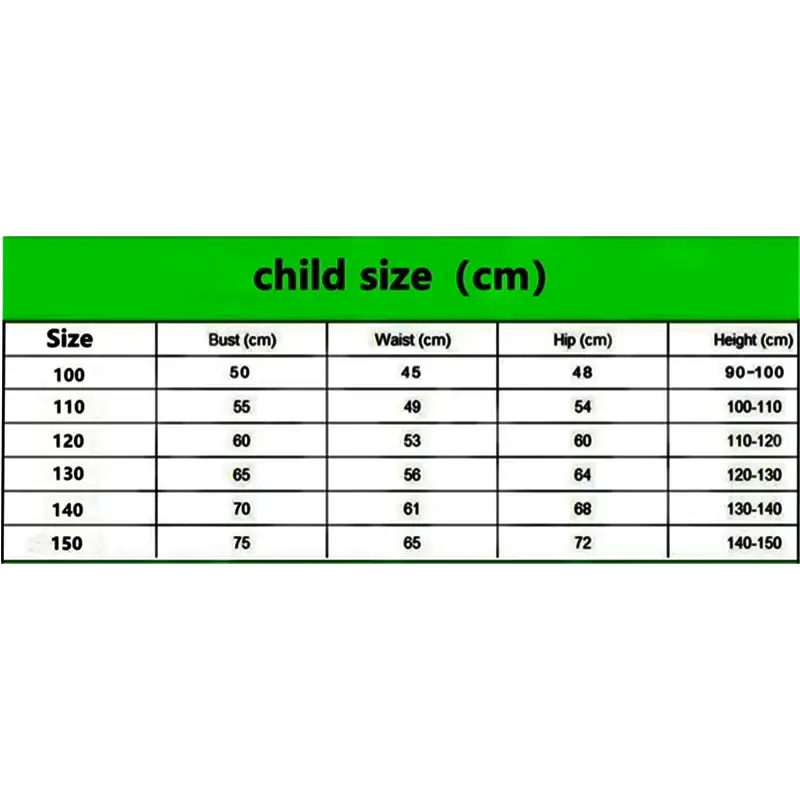Child size chart with measurements in centimeters for kids hooded skeleton halloween costume sizes 100 to 150