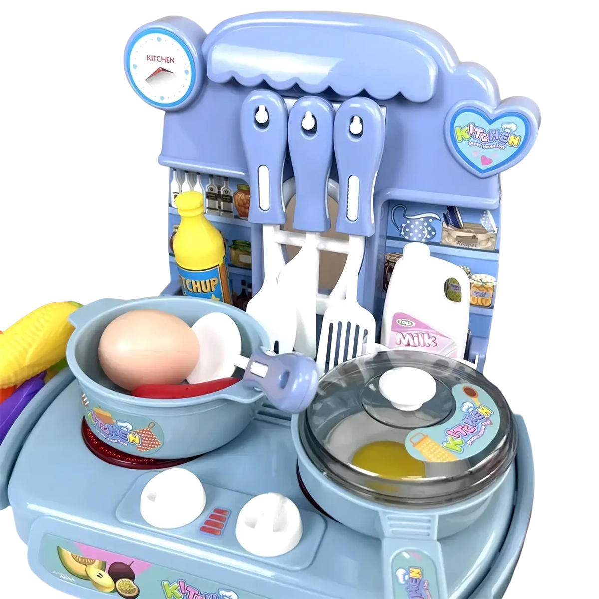 Kids kitchen play set with lights and sounds featuring light blue plastic toy utensils pot and miniature food items