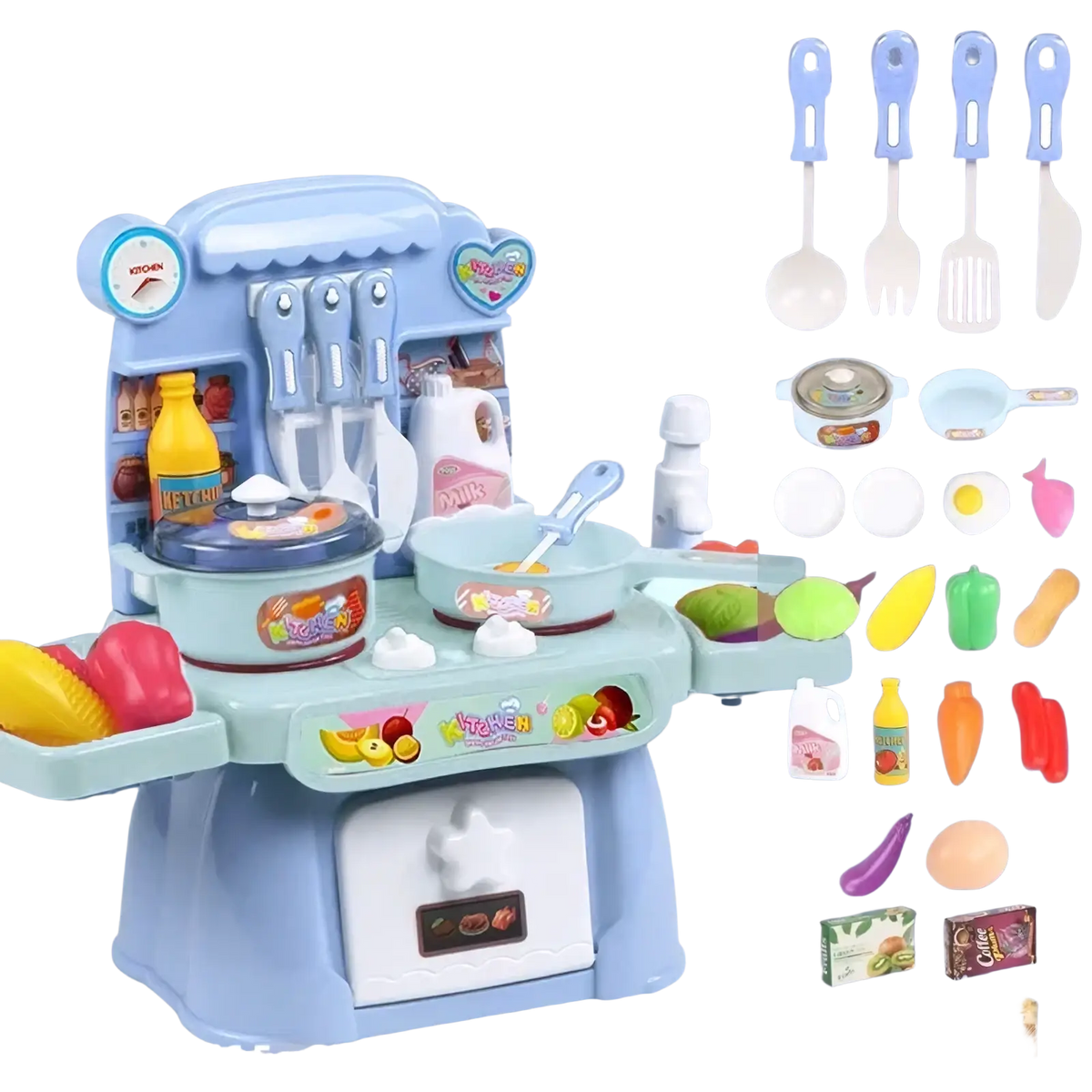 Light blue plastic kids kitchen play set with lights sounds 24 pieces including stove sink and utensils
