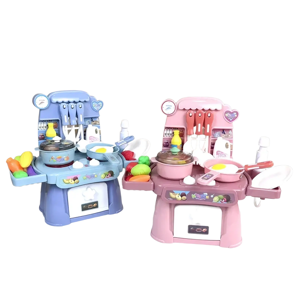 Kids kitchen play set with lights and sounds featuring pink and blue plastic toy kitchens with colorful utensils and pretend food