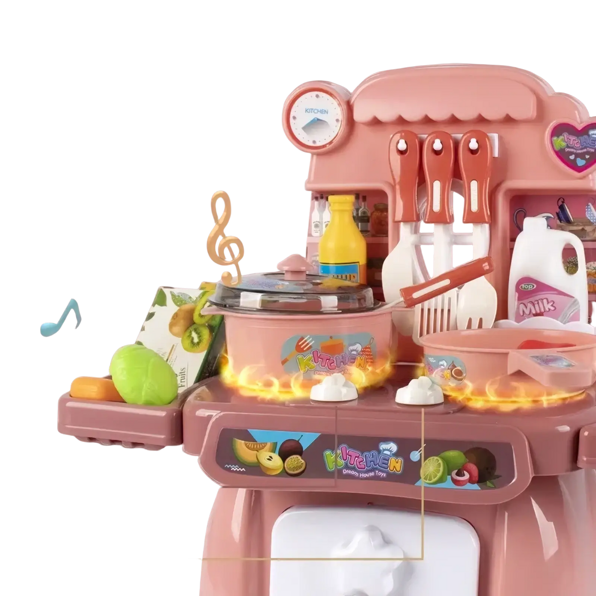 Kids kitchen play set with lights and sounds featuring a pink plastic toy kitchen with colorful utensils and food items