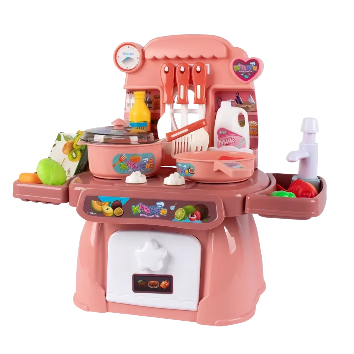 Kids kitchen play set with lights and sounds featuring a pink plastic toy kitchen with orange utensils and colorful food