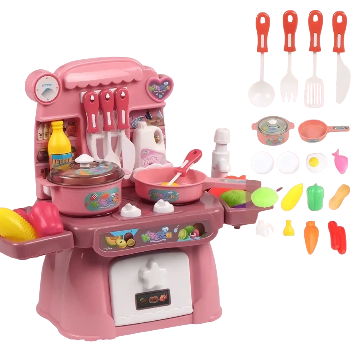 Kids kitchen play set in pink plastic with 24 pieces featuring stove oven utensils and lights and sounds
