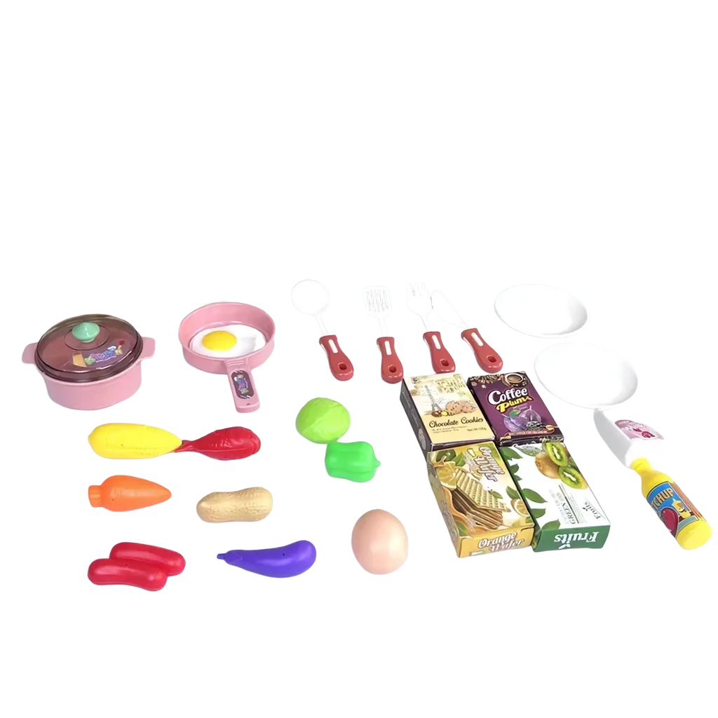 Pink plastic kids kitchen play set with lights and sounds featuring colorful toy vegetables and food items