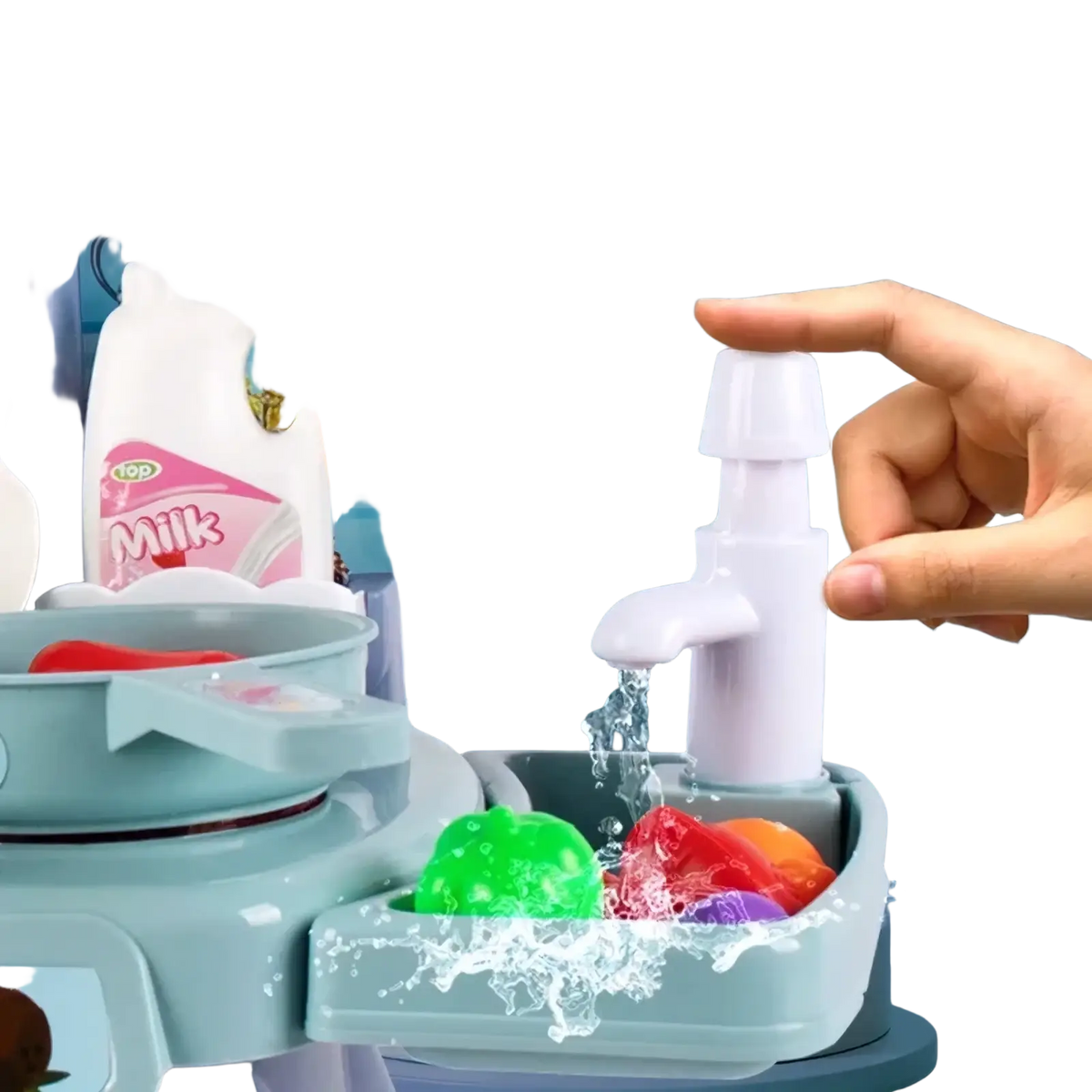 White plastic toy faucet with push-button feature dispensing water onto colorful play food in kids kitchen play set with lights and sounds