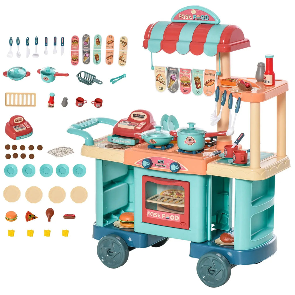Teal and orange plastic kids kitchen playset with cash register 50 pieces featuring fast food cart and pretend utensils