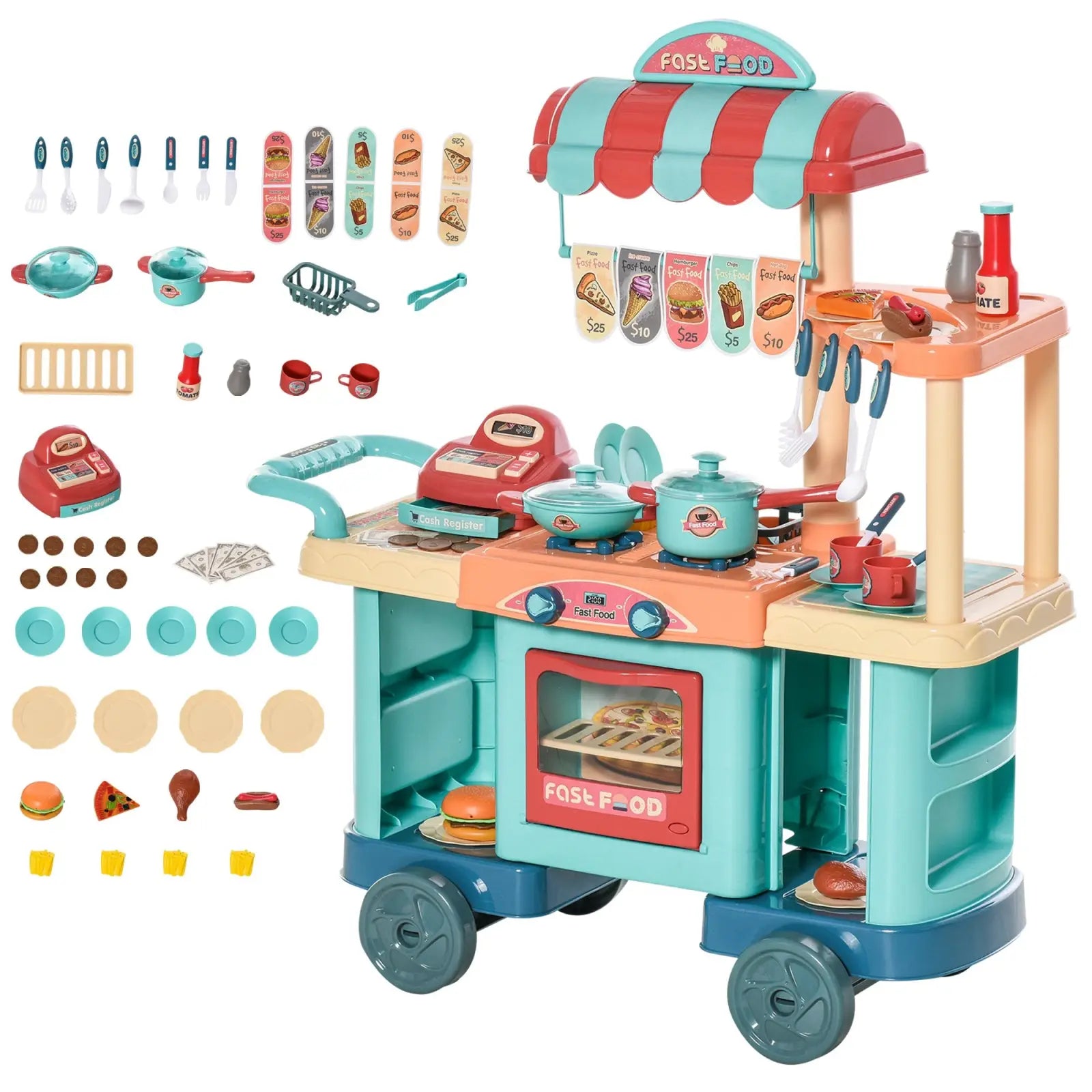 Teal and orange plastic kids kitchen playset with cash register 50 pieces featuring fast food cart and pretend utensils