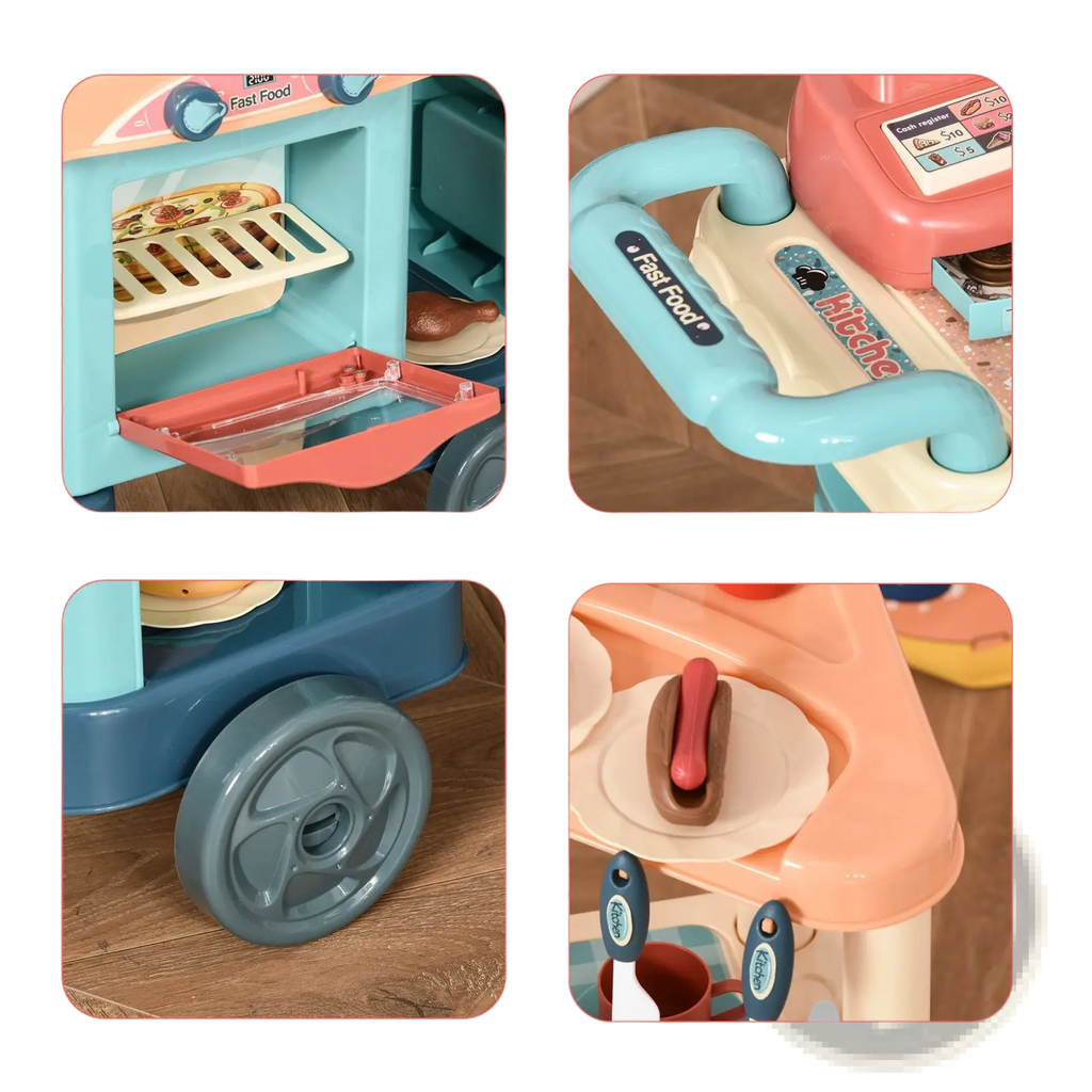 Colorful plastic kids kitchen playset fast food cart with turquoise handle pink and beige body and simulated wheels