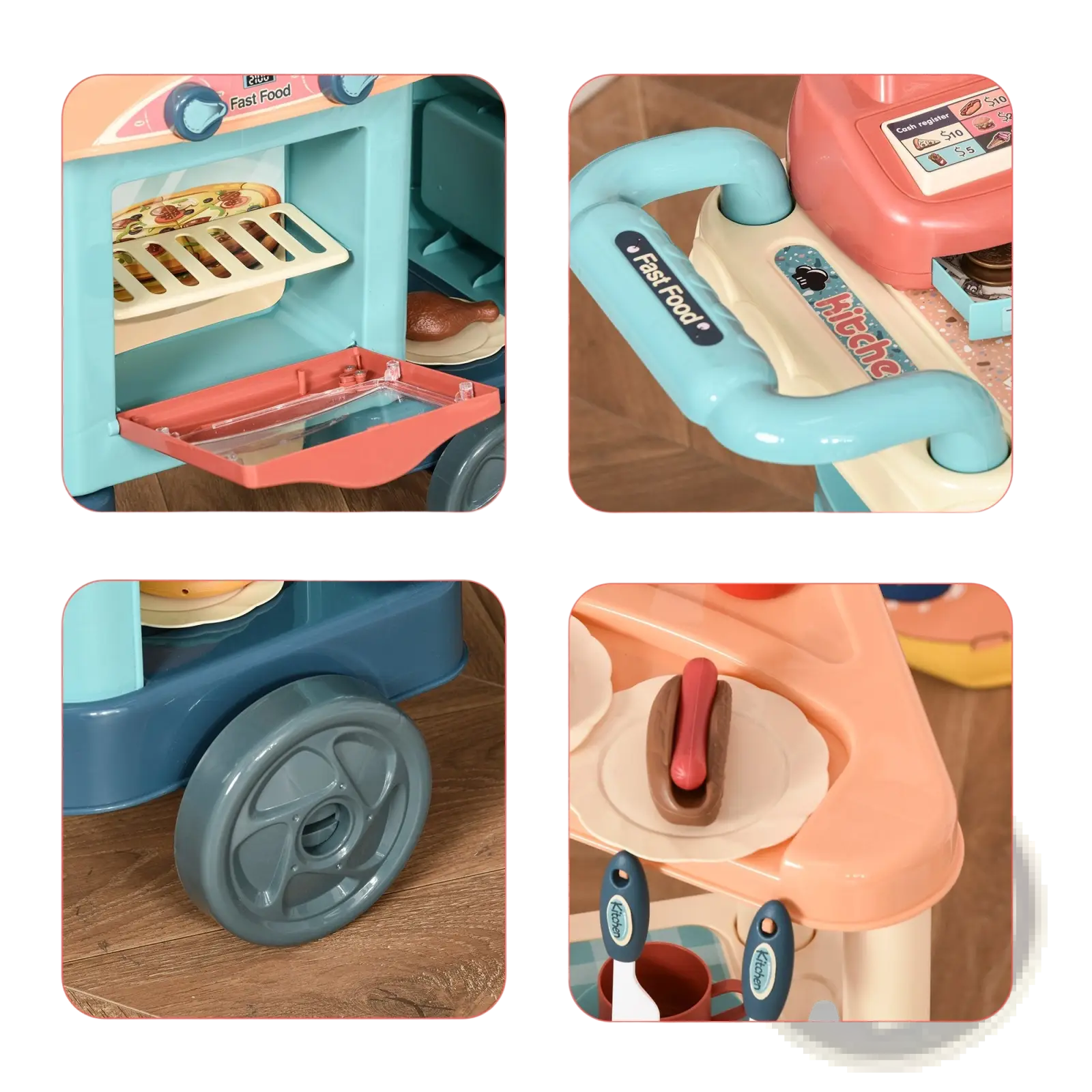 Colorful plastic kids kitchen playset fast food cart with turquoise handle pink and beige body and simulated wheels