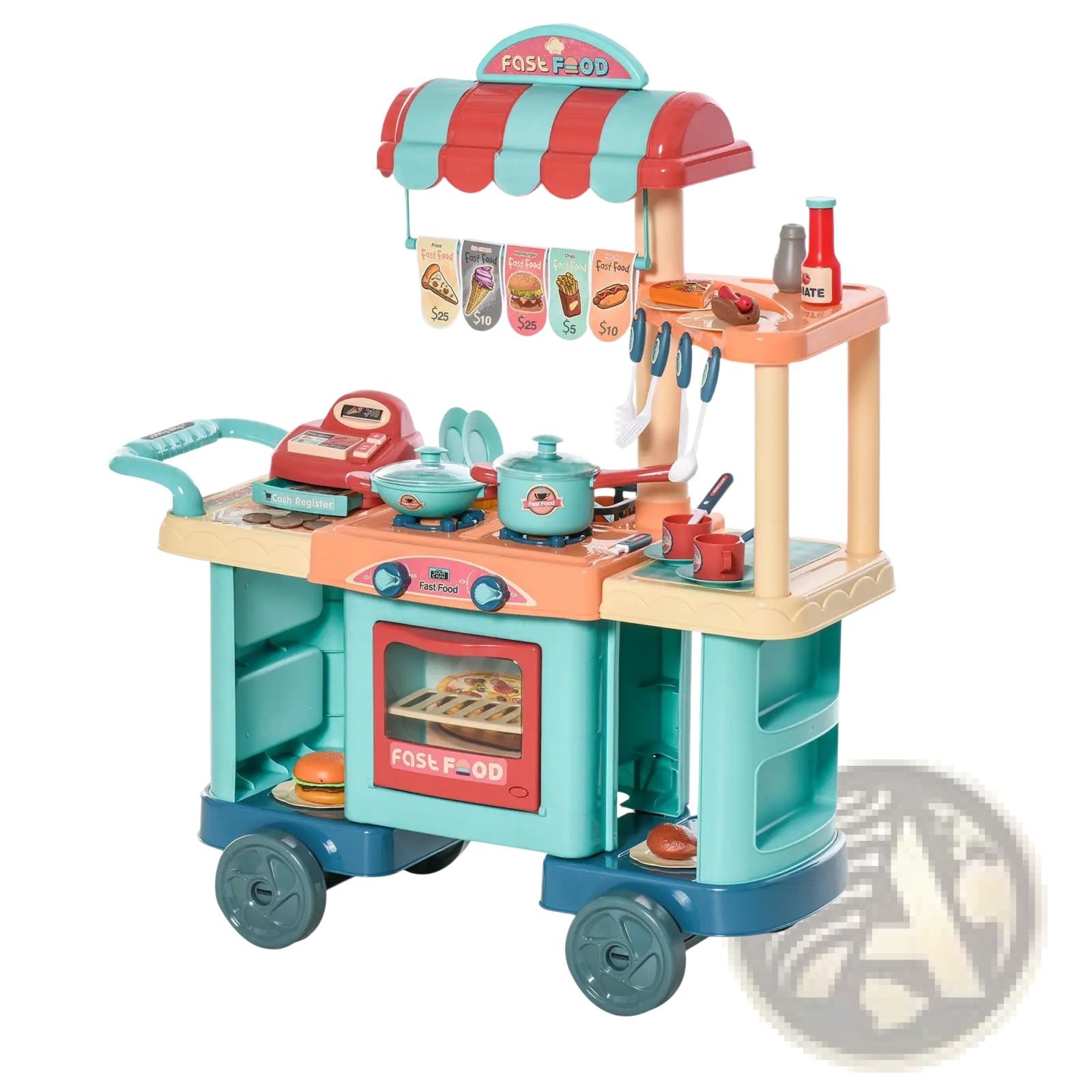 Kids kitchen playset with cash register featuring teal and orange plastic fast-food appliances and toy food items
