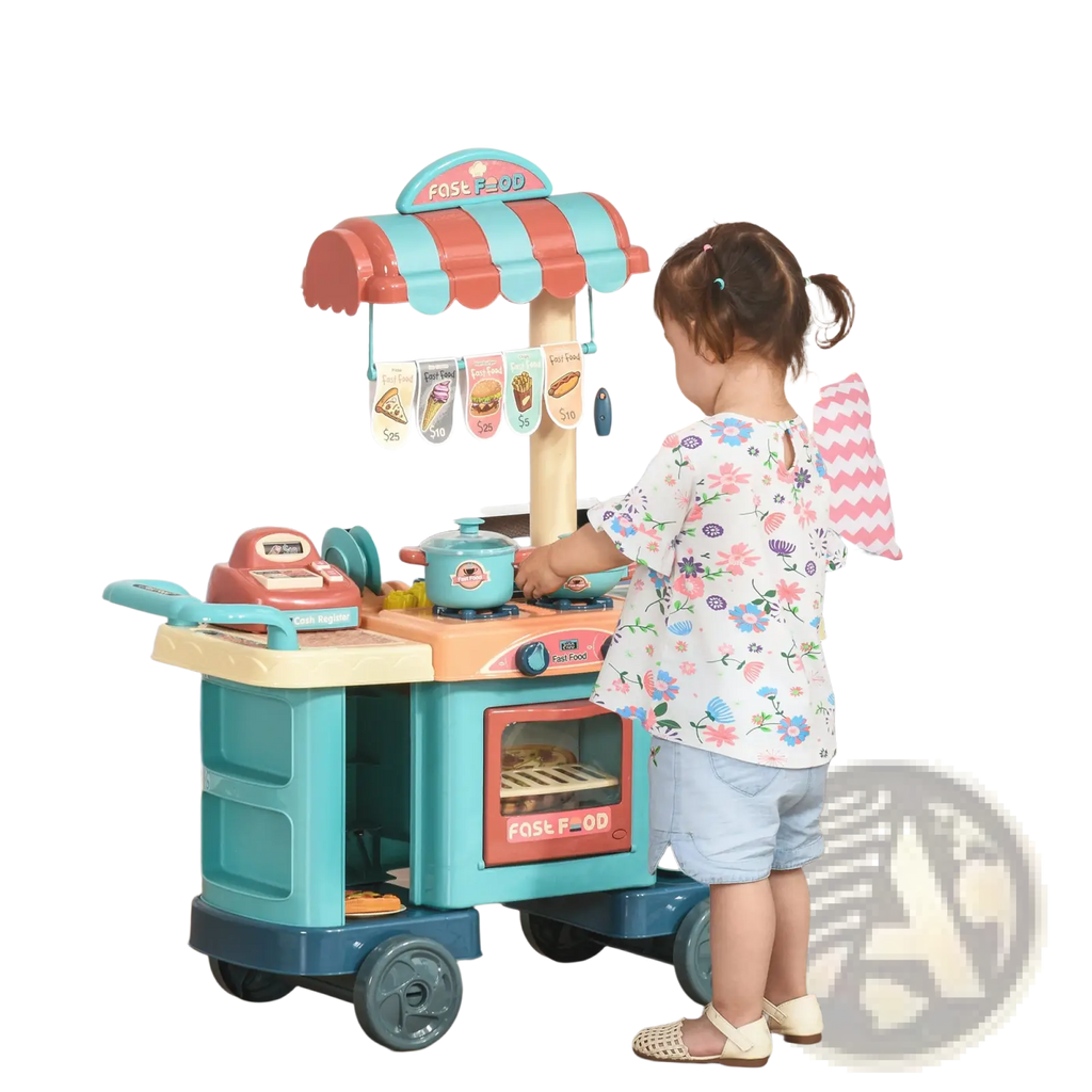 Teal and orange plastic kids kitchen playset with wheels and cash register includes 50 pieces for imaginative play