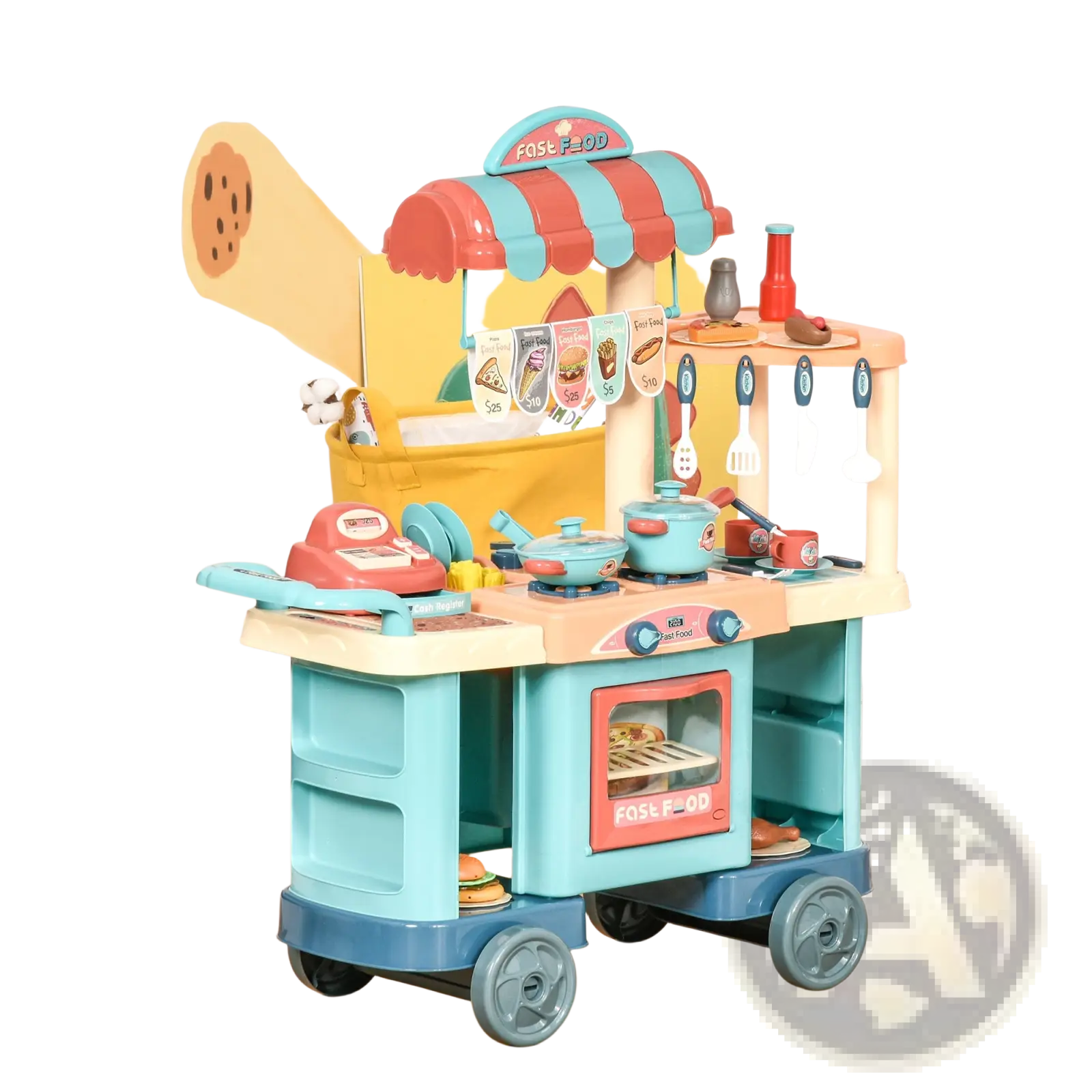 Kids kitchen playset 50 pieces featuring a turquoise and red plastic toy fast food cart with striped awning and oven compartment